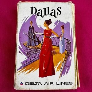 Vintage 1970s Delta Air Lines Dallas Texas Playing Cards Deck Gold Box Complete‎